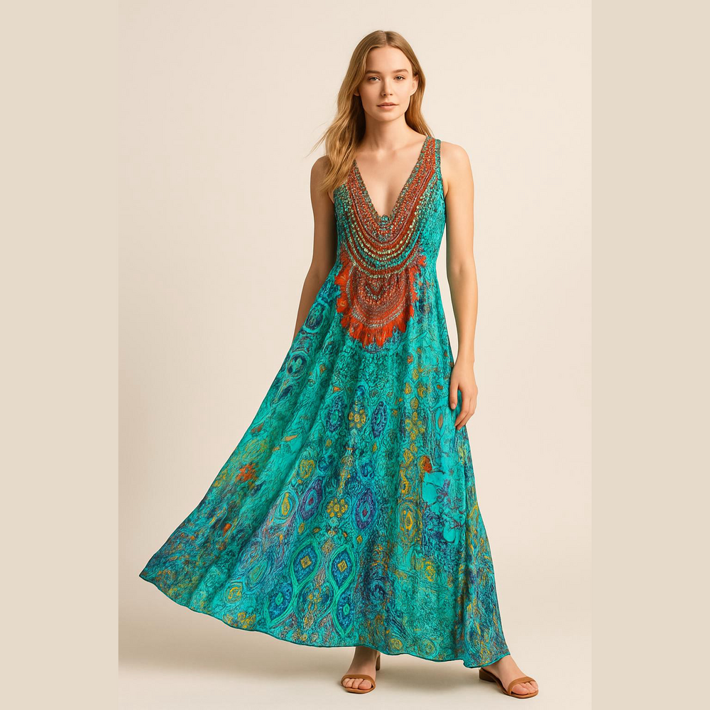 Narcisa Lang Silk Viscose Multicolor Maxi Dress One Size